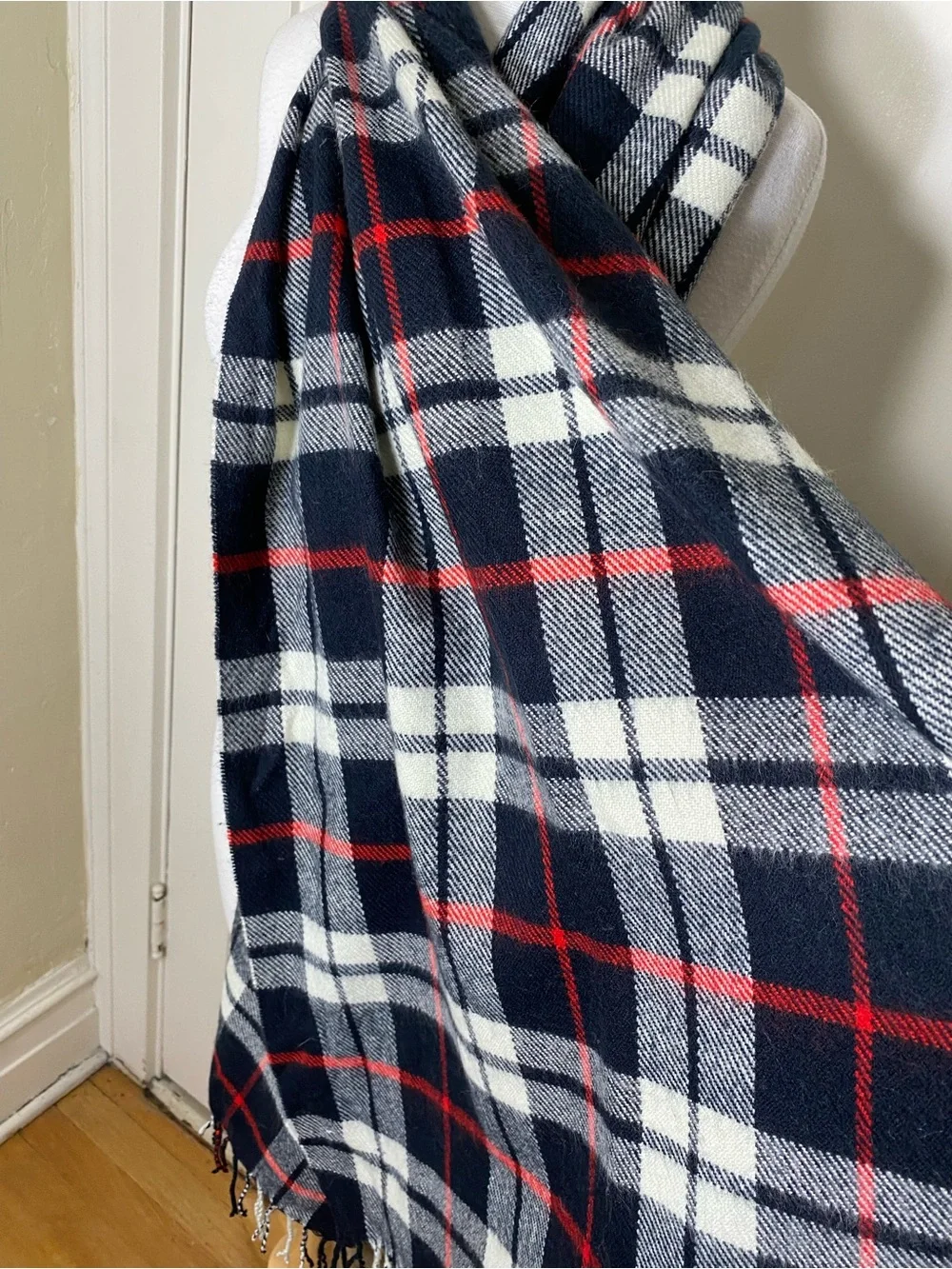 J. Crew Classic Navy & White & Red Plaid Knit Fall Winter Scarf with Fringe